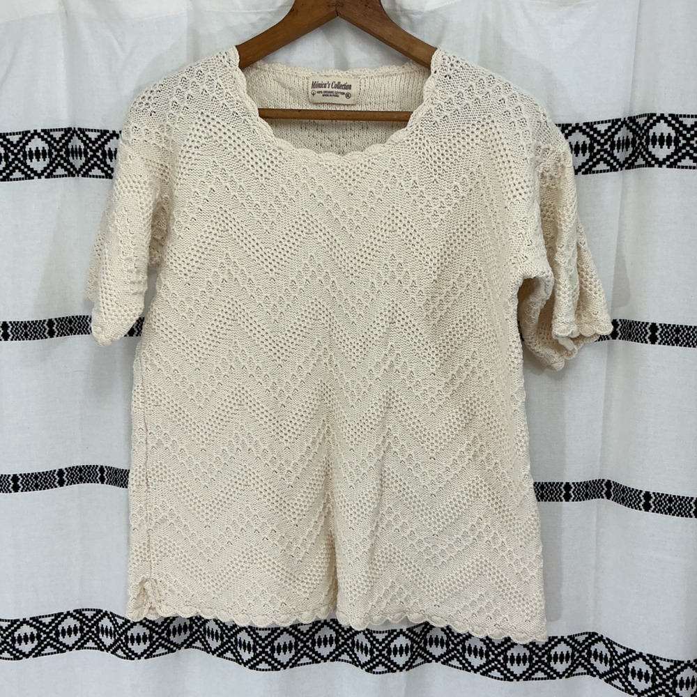 Monica's Collection Crochet Knit Top Organic Cotton Cream XL Cottagecore